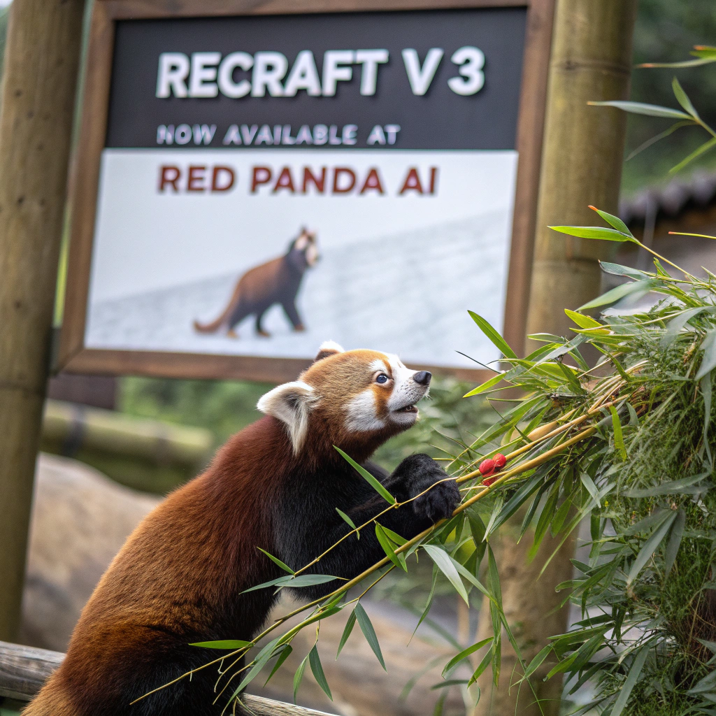 AI generated image by Red Panda AI: a red panda eating a bamboo in front of a poster that says "recraft V3 now available at red panda ai