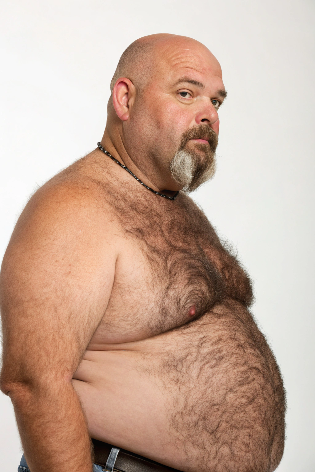 AI generated image by Red Panda AI: a studio photo of a bulky and slightly overweight 50 year old hirsute man. Man has heavy amount of body hair, hairy chest pattern, expanding his bloated heavy bearded-belly, bald head, brown and white goatee