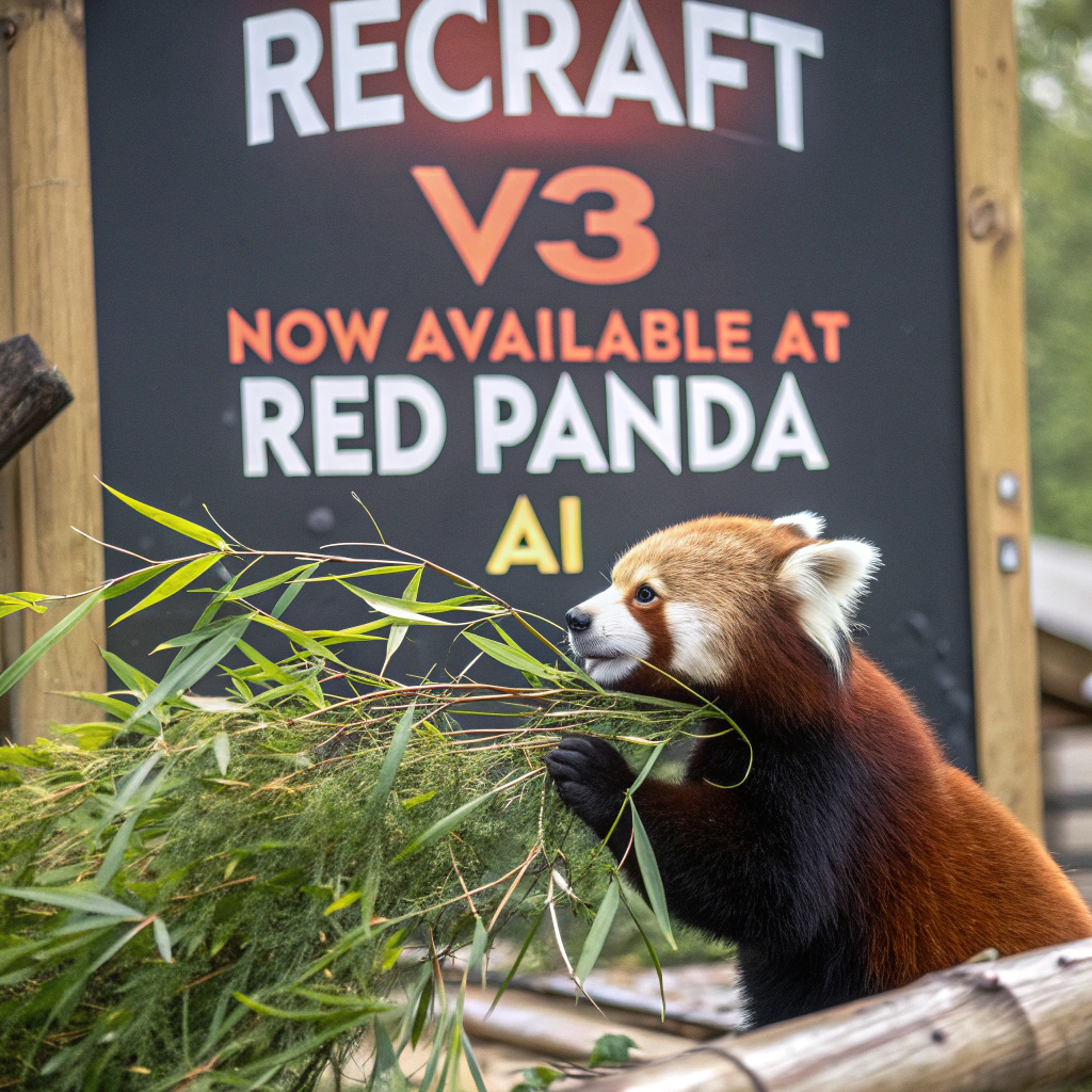 AI generated image by Red Panda AI: a red panda eating a bamboo in front of a poster that says "recraft V3 now available at red panda ai