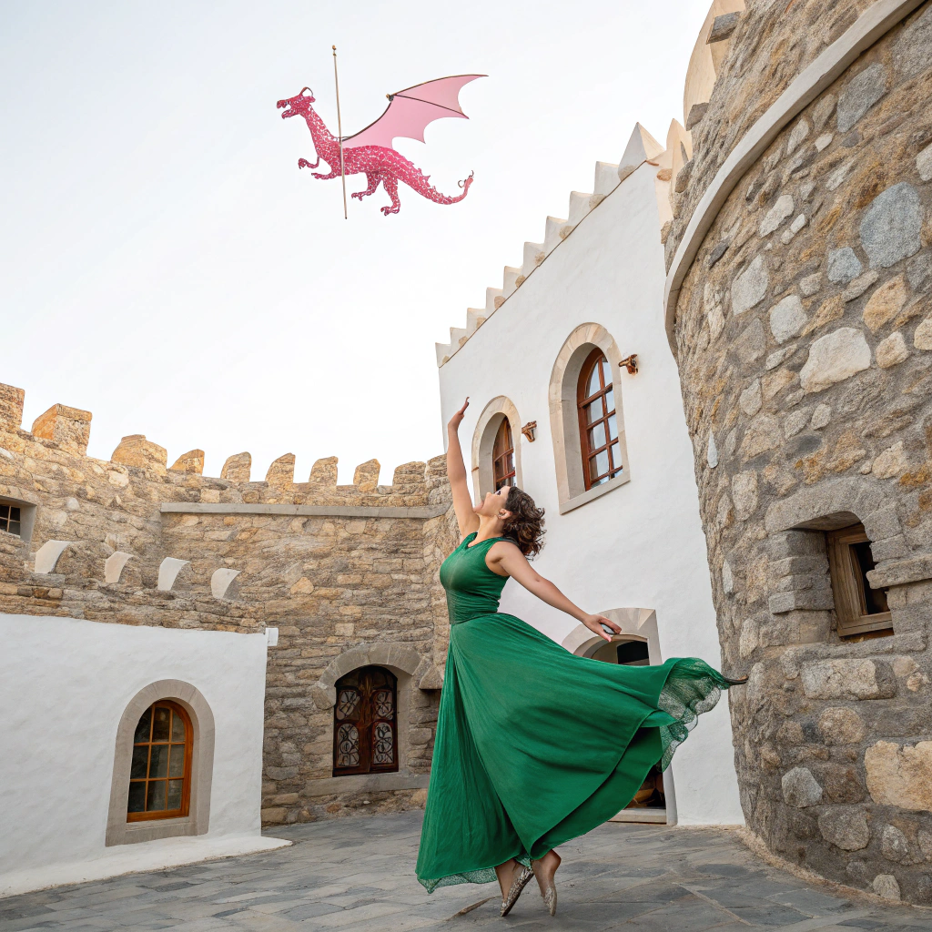AI generated image by Red Panda AI: Une femme dansant habillé en robe verte dans un château à Mykonos avec un dragon rose dans le ciel.