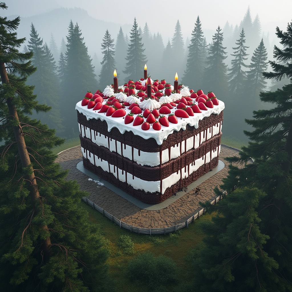 AI generated image by FLUX.1-pro: The world's largest black forest cake, the size of a building, surrounded by trees of the black forest