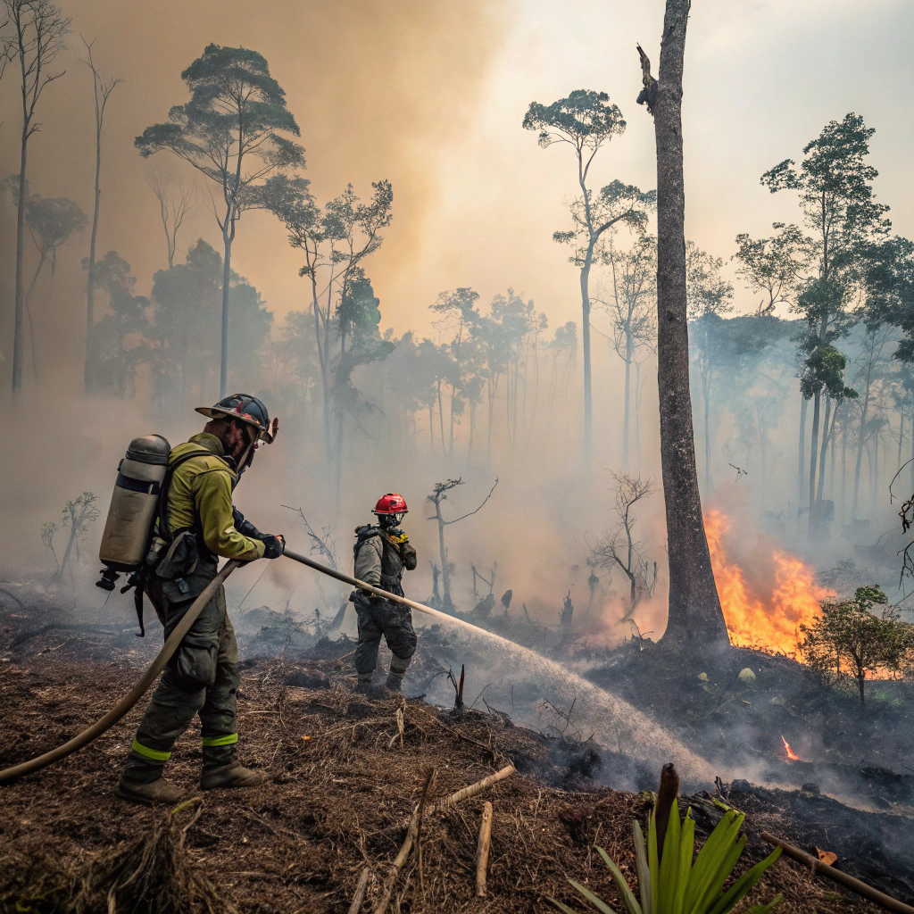AI generated image by Red Panda AI: bomberos del estado amazonas combatiendo incendios



