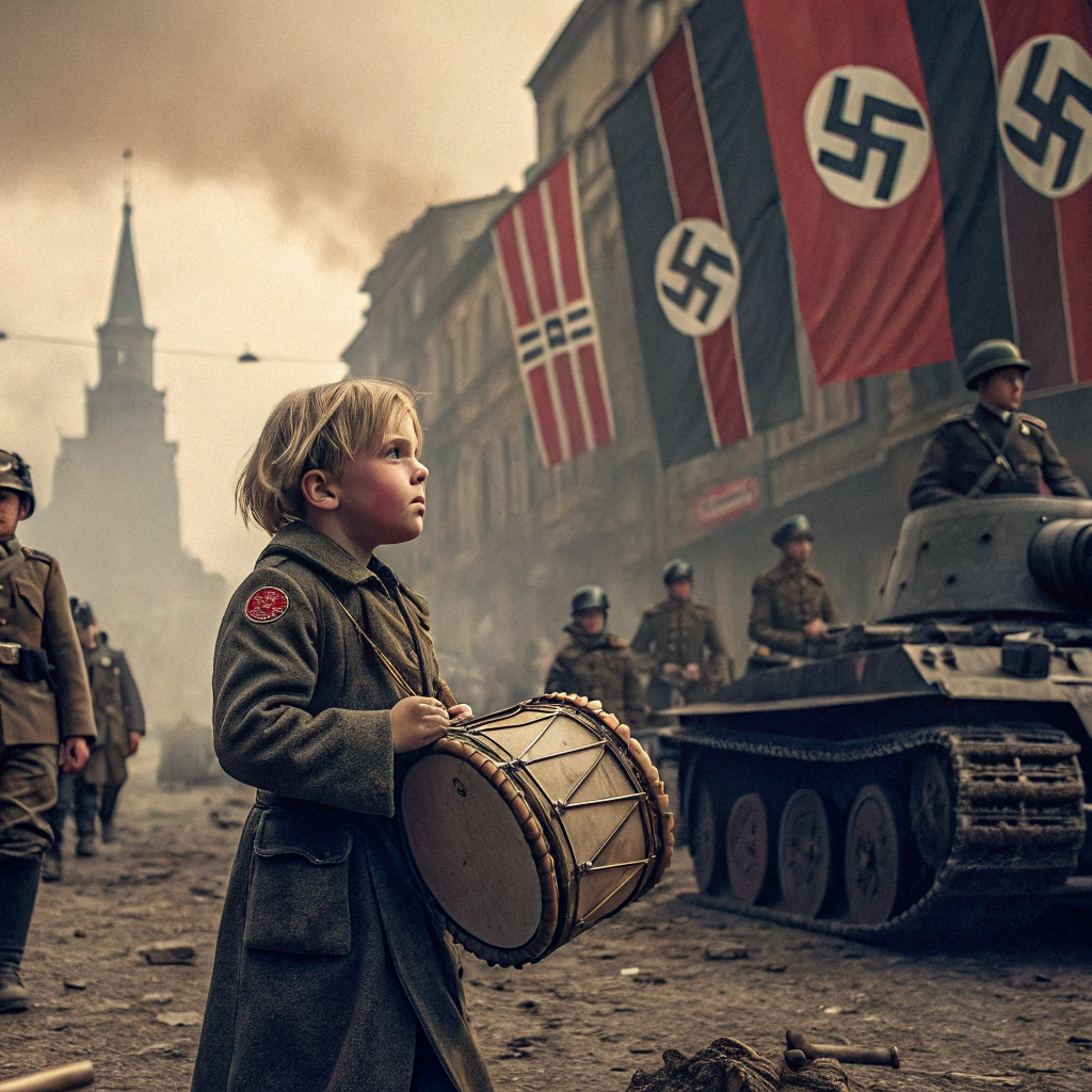 AI generated image by Red Panda AI: an image that summarizes the novel "the tin drum" with images of a child with a toy drum surrounded by war elements from Nazi Germany, sepia color vintage photo, cinematic and dramatic