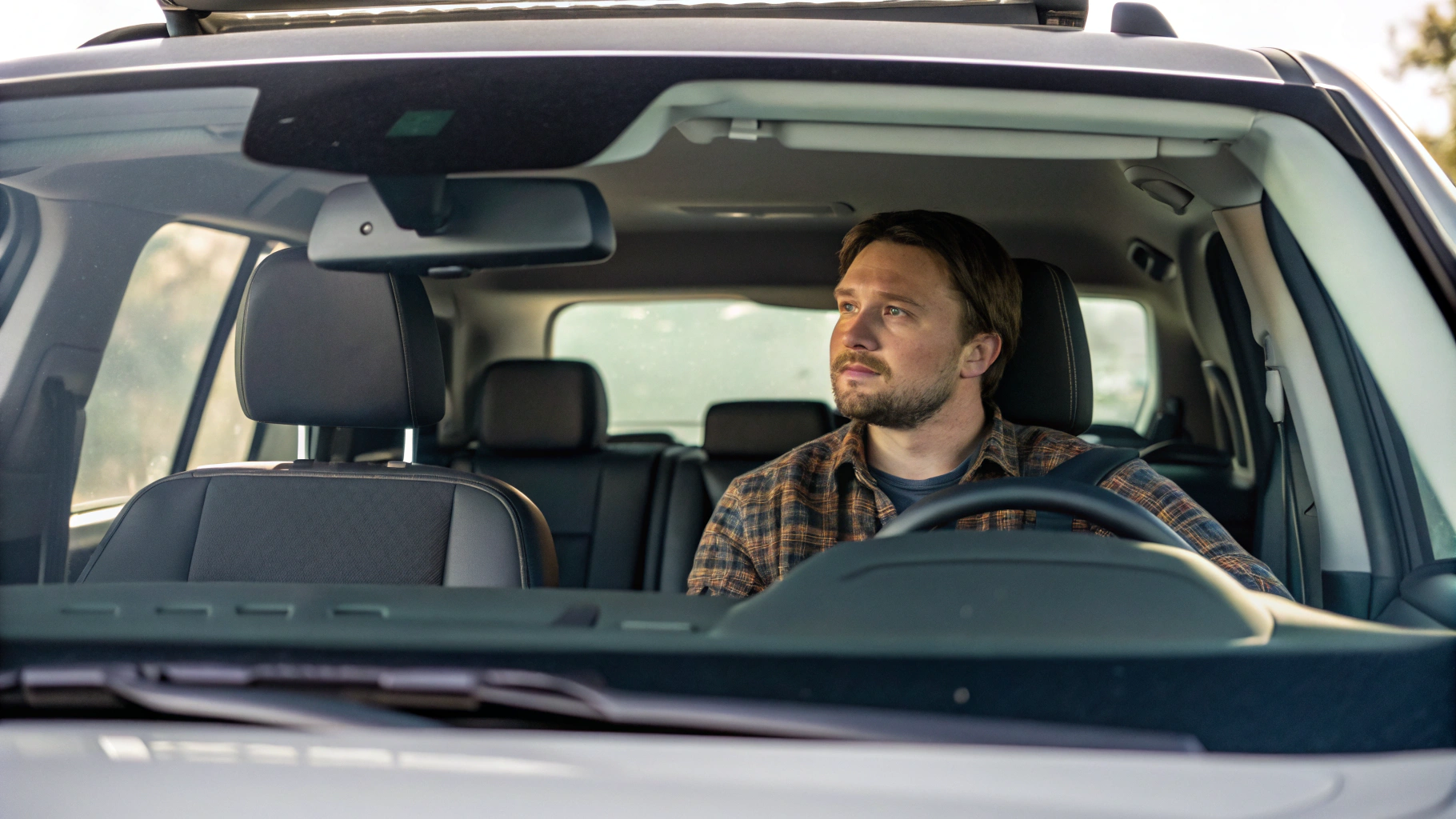AI generated image by Red Panda AI: A realistic photo shows a 30-year-old man in the driver's seat of a 2024 TACOMA. The camera capturing this image is positioned outside directly in front of the cars front bumper, slightly elevated to look into the interior through the front windscreen. The focus is on the clean, obstacle-free interior, clearly showing the passenger seat and back seats. Cinematic lighting provides a well-lit view
