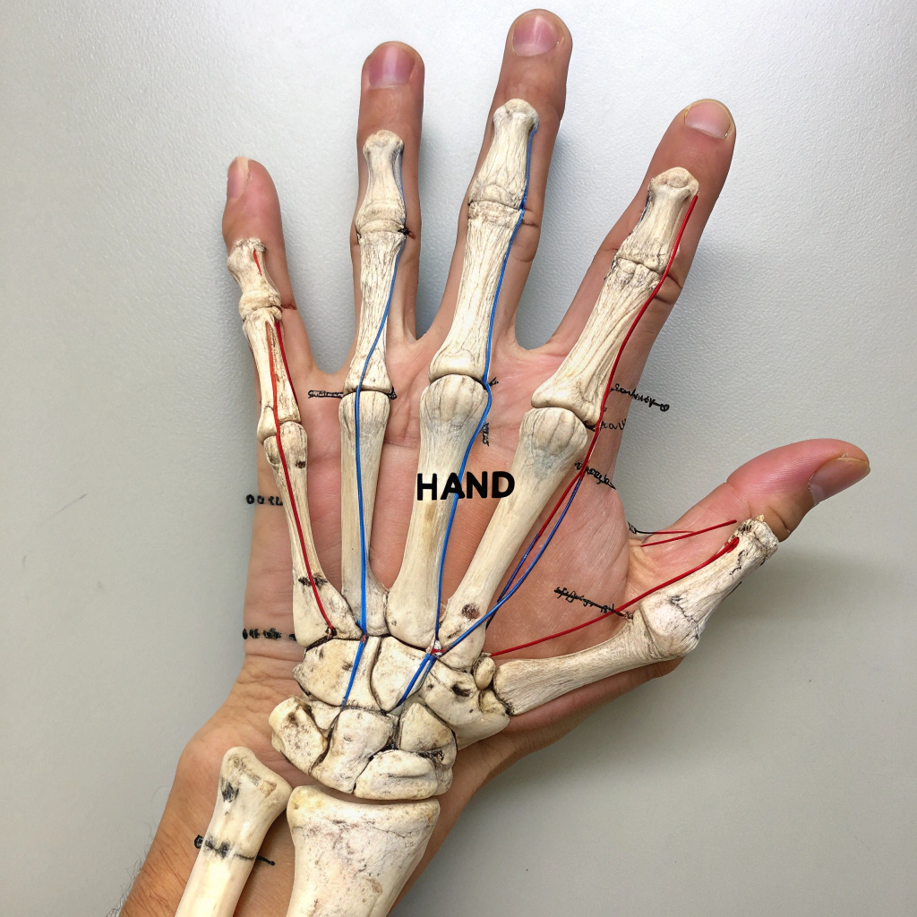 AI generated image by Red Panda AI: please create anatomic hand diagram but with lines and boxes, maintain the anatomic length and size of bones please