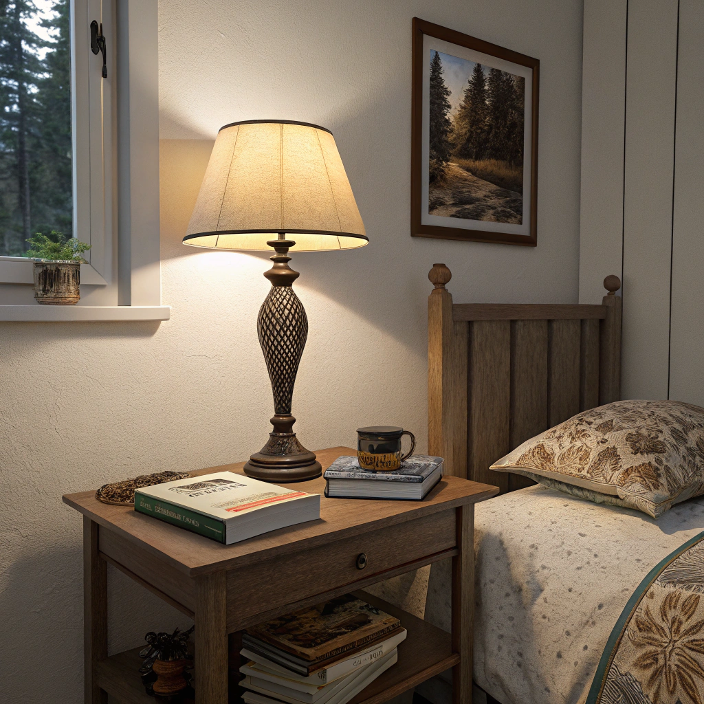 AI generated image by Red Panda AI: these is a bedroom. there iss a laamp. thhis iss a tablee. thatt is picture. these are book an the table  