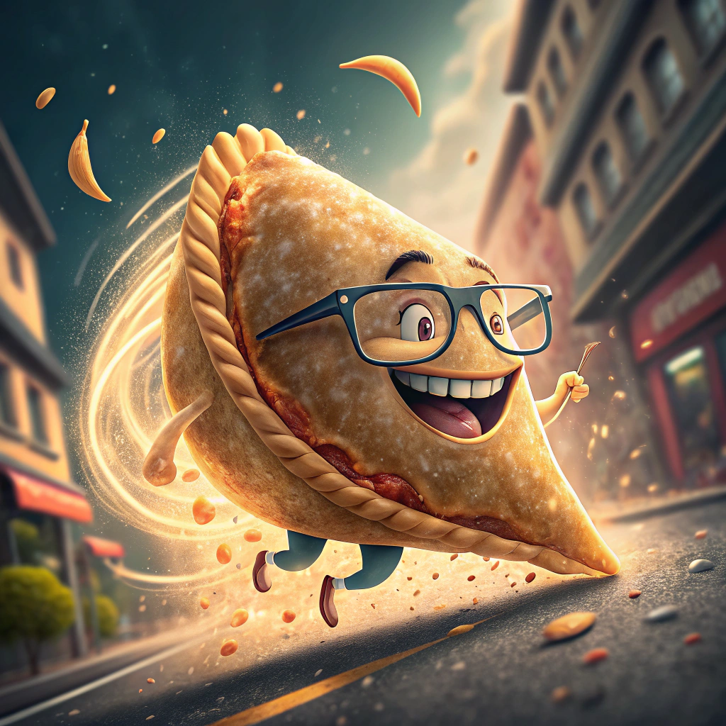 AI generated image by Red Panda AI: Una empanada con lentes y una sonrisa burlona, con un fondo especial que parece ir a la velocidad de la luz.