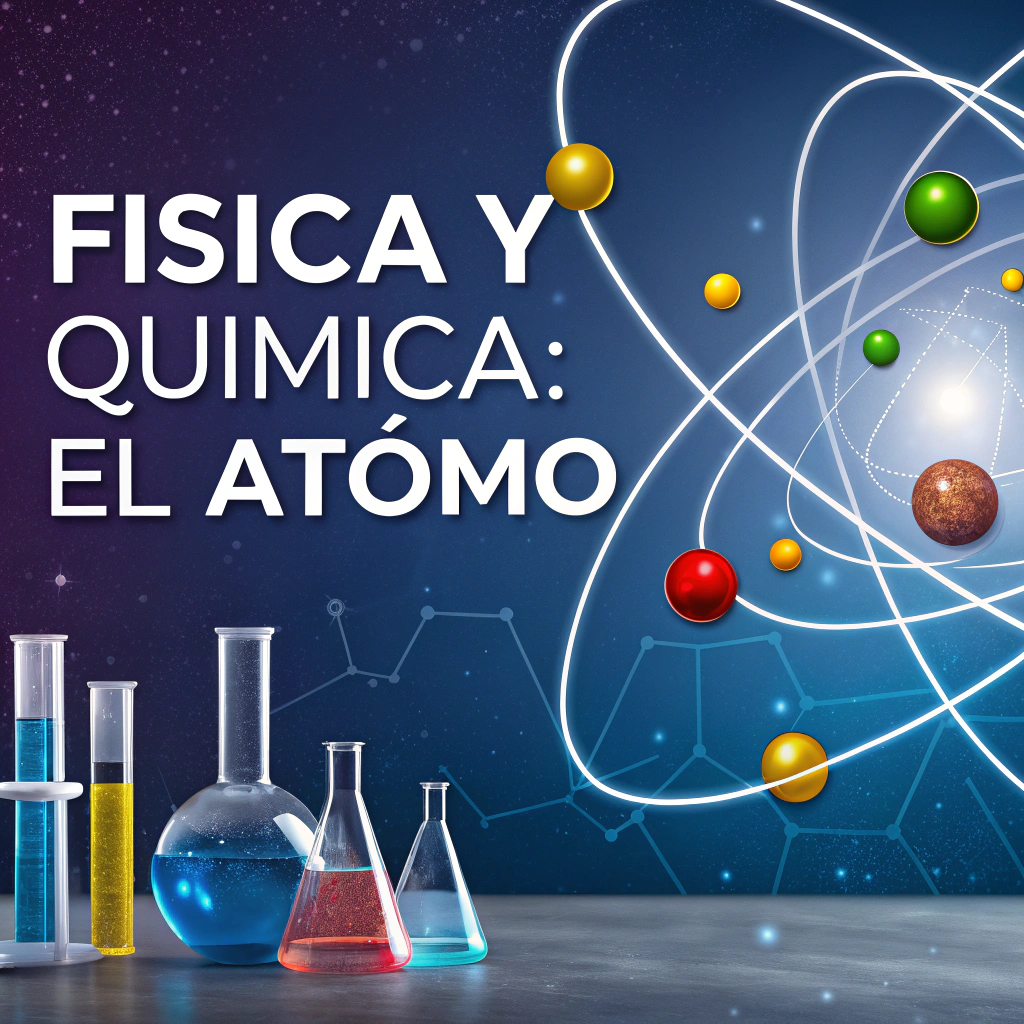AI generated image by Red Panda AI: : "Diseña una portada para una asignatura de Física y Química enfocada en el átomo. La imagen debe mostrar una representación visual del átomo, destacando sus partículas subatómicas (protones, neutrones, electrones) en órbitas alrededor del núcleo, utilizando colores vibrantes para diferenciar cada componente. Puedes incluir detalles como la estructura de capas electrónicas y un fondo que simule un entorno de laboratorio científico o un fondo estrellado, evocando la idea de la escala cósmica. El título 'Física y Química: El Átomo' debe ser prominente, con una tipografía moderna y clara. Los colores deben ser intensos pero equilibrados, transmitiendo una sensación de descubrimiento y ciencia avanzada."