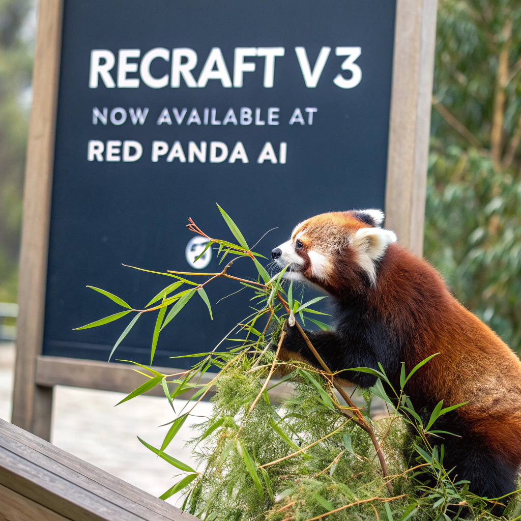 AI generated image by Red Panda AI: a red panda eating a bamboo in front of a poster that says "recraft V3 now available at red panda ai
