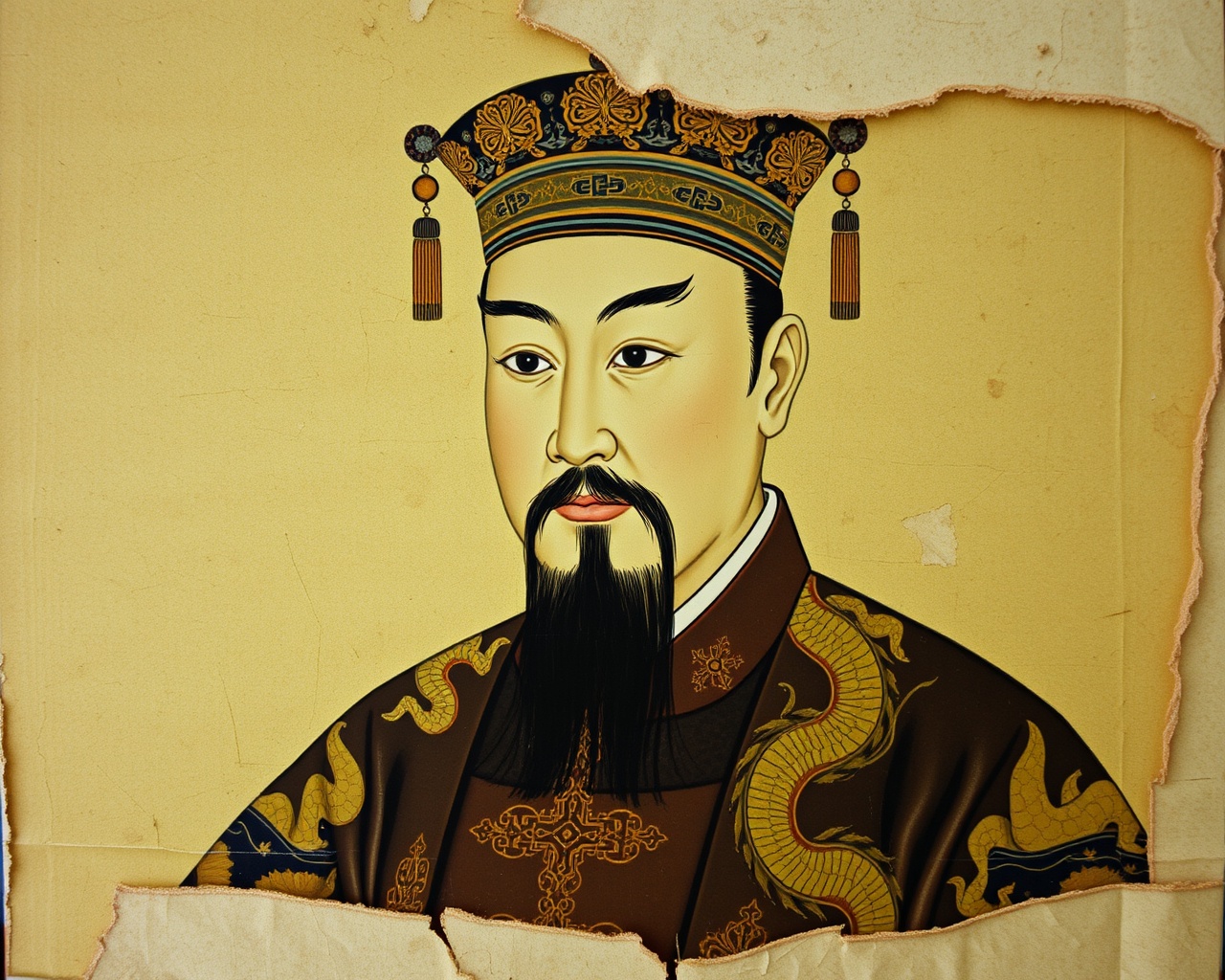 AI generated image by FLUX.1-schnell: A worn-out portrait of a Song Dynasty emperor in traditional Chinese court painting style. The artwork appears aged, with tattered edges, faded colors, and visible cracks on the surface. The emperor is dressed in a dragon robe adorned with intricate golden dragon patterns, now blurred and weathered with time. He wears an imperial crown, with some of the hanging pearls partially eroded. The facial features are soft and slightly indistinct, retaining a dignified expression. The background is either blank or partially damaged, with visible creases and tears. The color palette is muted, dominated by earthy tones like brown, gray, and traces of faded gold, evoking a sense of historical decay and royal majesty.