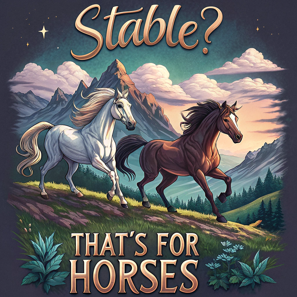 AI generated image by Red Panda AI: design featuring two majestic horses galloping against a scenic mountain backdrop. The phrase "Stable? That's for Horses" is prominently displayed in a playful font, combining horse-themed humor with eye-catching art. Perfect for horse lovers, equestrians, and anyone with a sense of humor about life's ups and downs. Ideal as a gift for horse enthusiasts or to add a touch of equestrian charm to any wardrobe.

