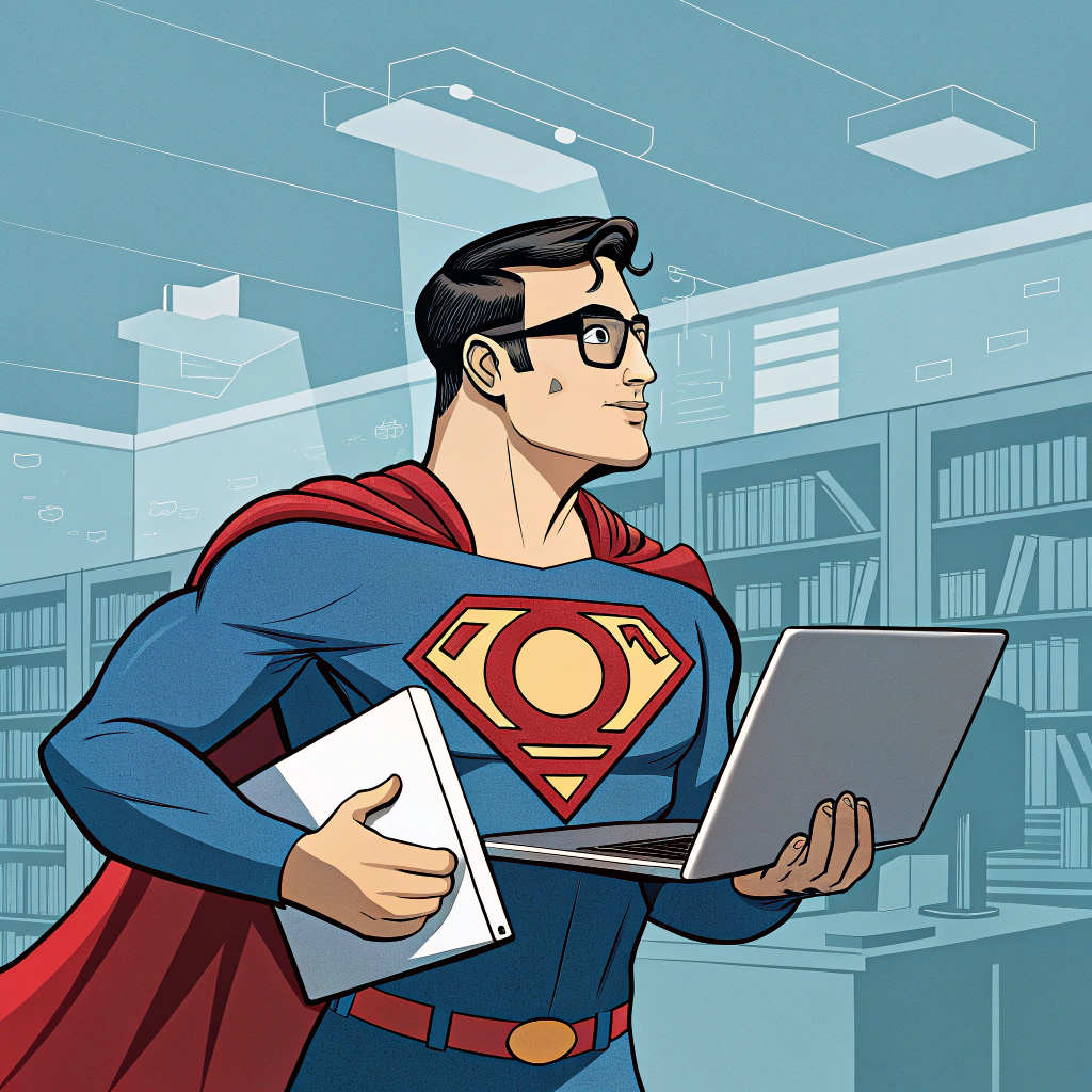 AI generated image by Red Panda AI: immagine di un OSPO (open source program office) rappresentato come superman. In pratica vorrei superman nerd e open source con una O sul petto