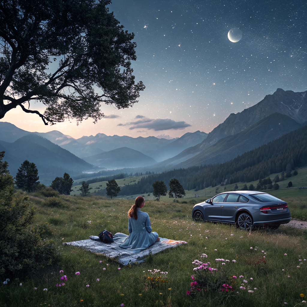 AI generated image by Red Panda AI: Genera una imagen realista de un paisaje, utilizando estrellas, anochecer, montañas, mujer, auto, manta, pasto, árboles, luna y flores