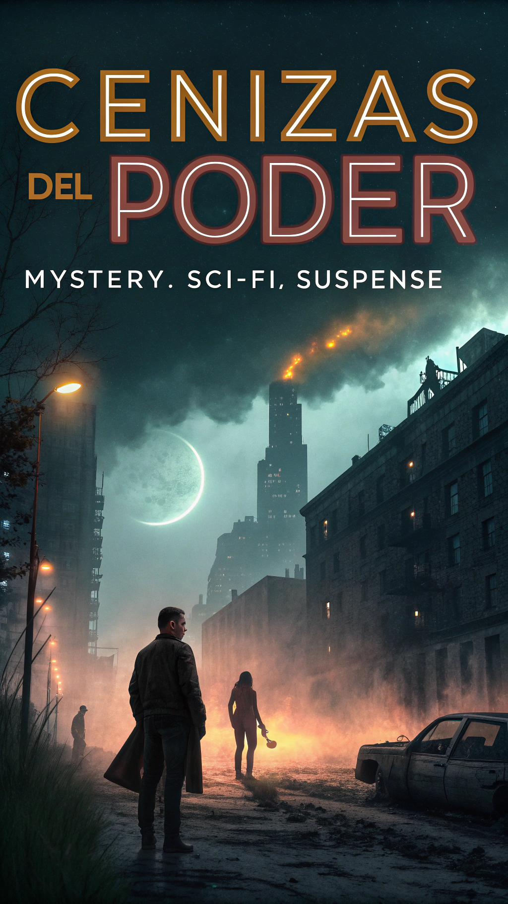 AI generated image by Red Panda AI: crea una imagen par portada de libro, nombre del libro cenizas del poden.genero misterio, ciencia ficcion, suspenso.