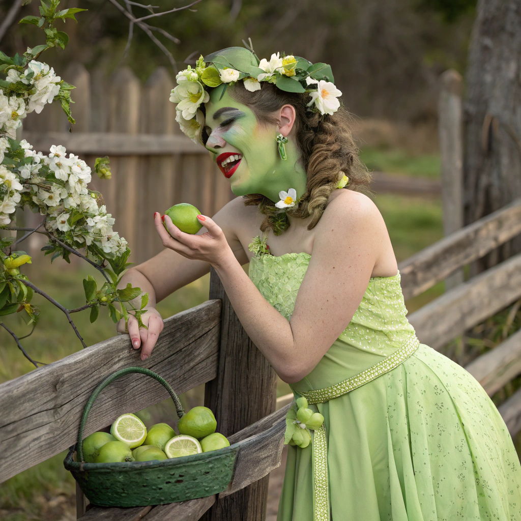 AI generated image by Red Panda AI: A woman who tastes like limes, anthromorphic lime, southern country girl