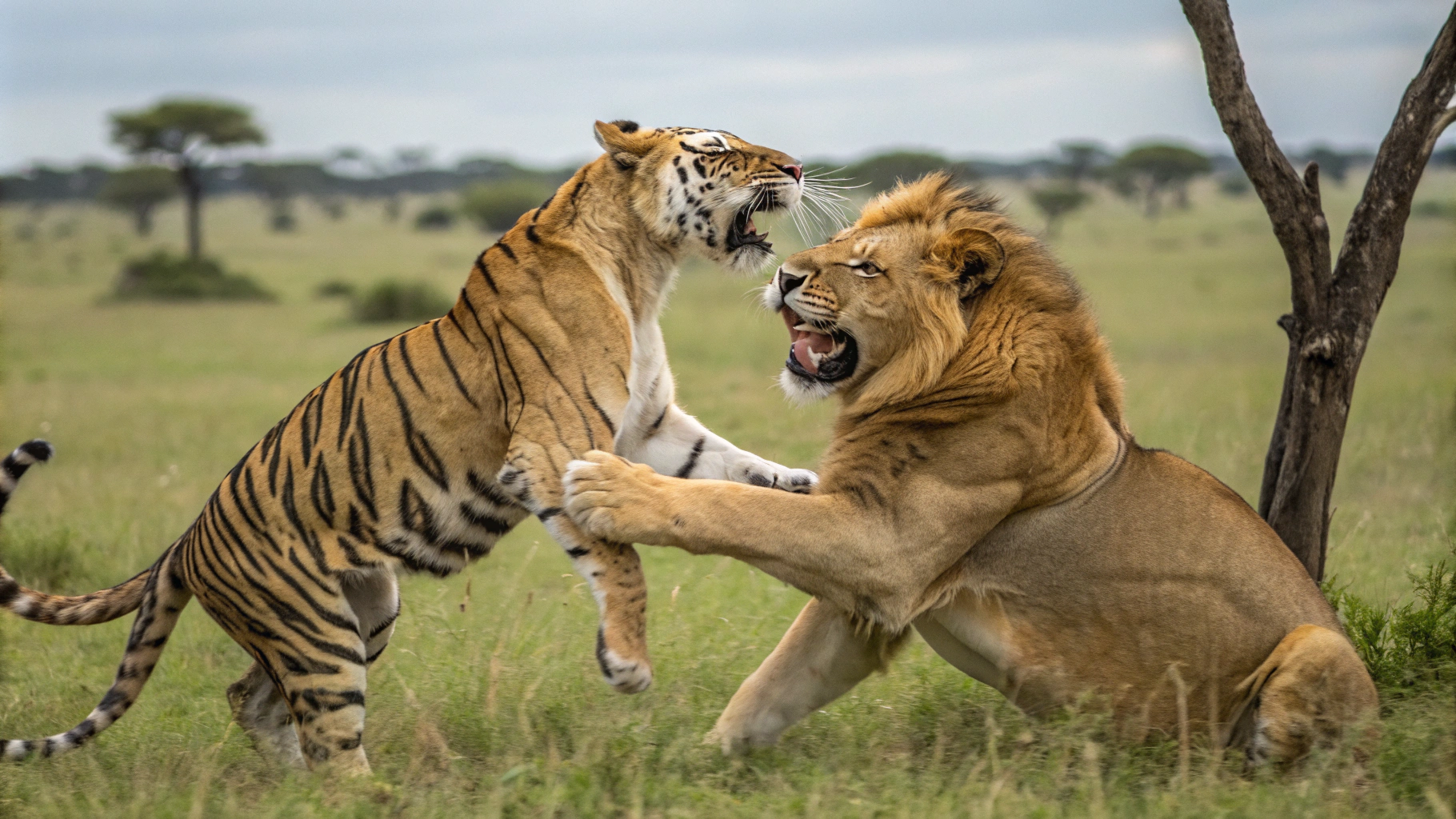 AI generated image by Red Panda AI: Make a image of a tiger fighting with a lyon