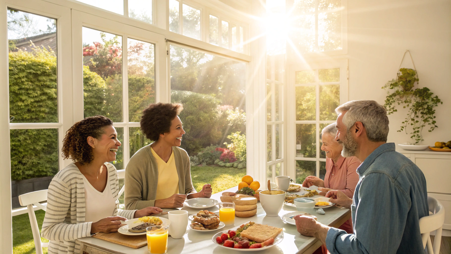 AI generated image by Red Panda AI: A realistic depiction of a group of people having breakfast in a brightly lit dining room with a large window in the background. Sunlight streams through the window, revealing an outdoor view of a lush garden or trees. The breakfast table is set with an assortment of food, including toast, eggs, fruit, and coffee cups. The people, dressed in casual morning attire, are smiling and enjoying their meal, representing a diverse group in terms of age and ethnicity. The atmosphere feels warm, cozy, and inviting, with a focus on natural light and community vibes.