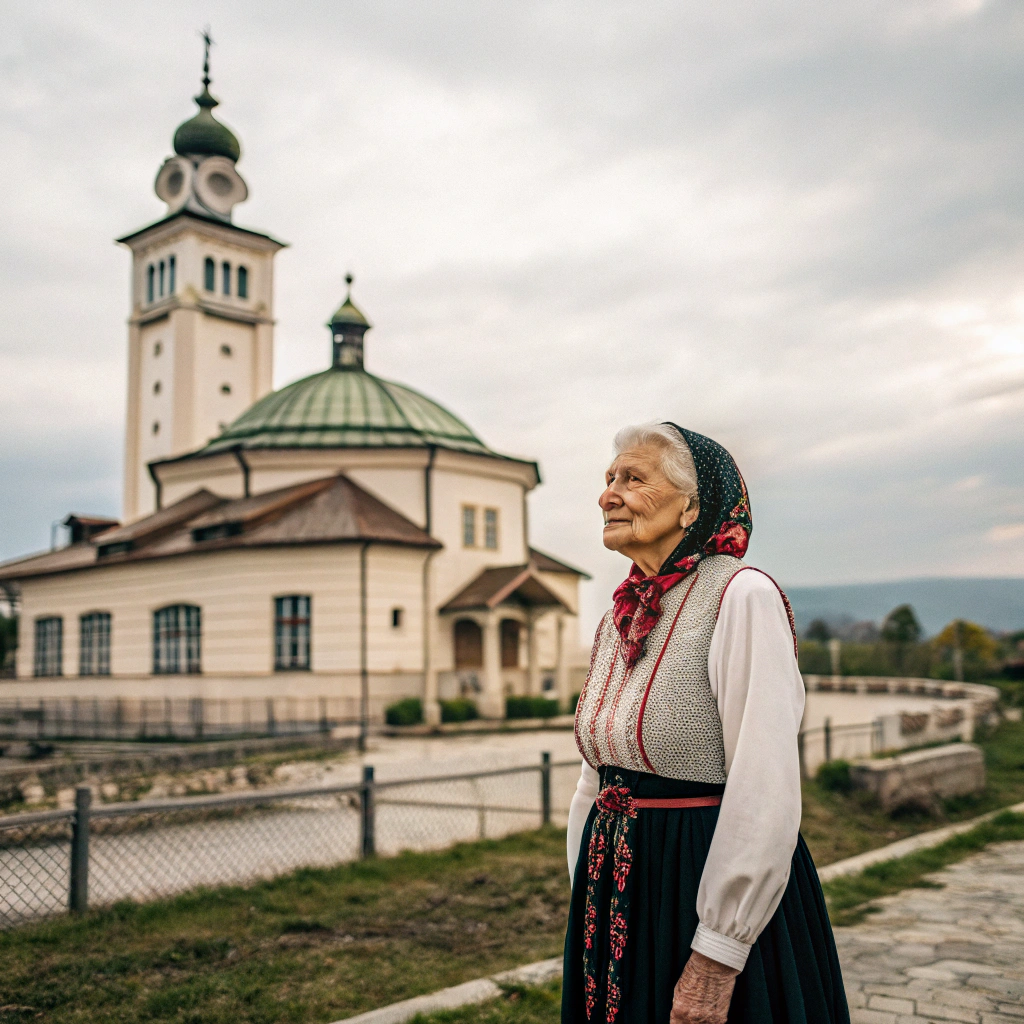 AI generated image by Red Panda AI: Old lady stands by the Muzej Turopolje in Velika Gorica. 