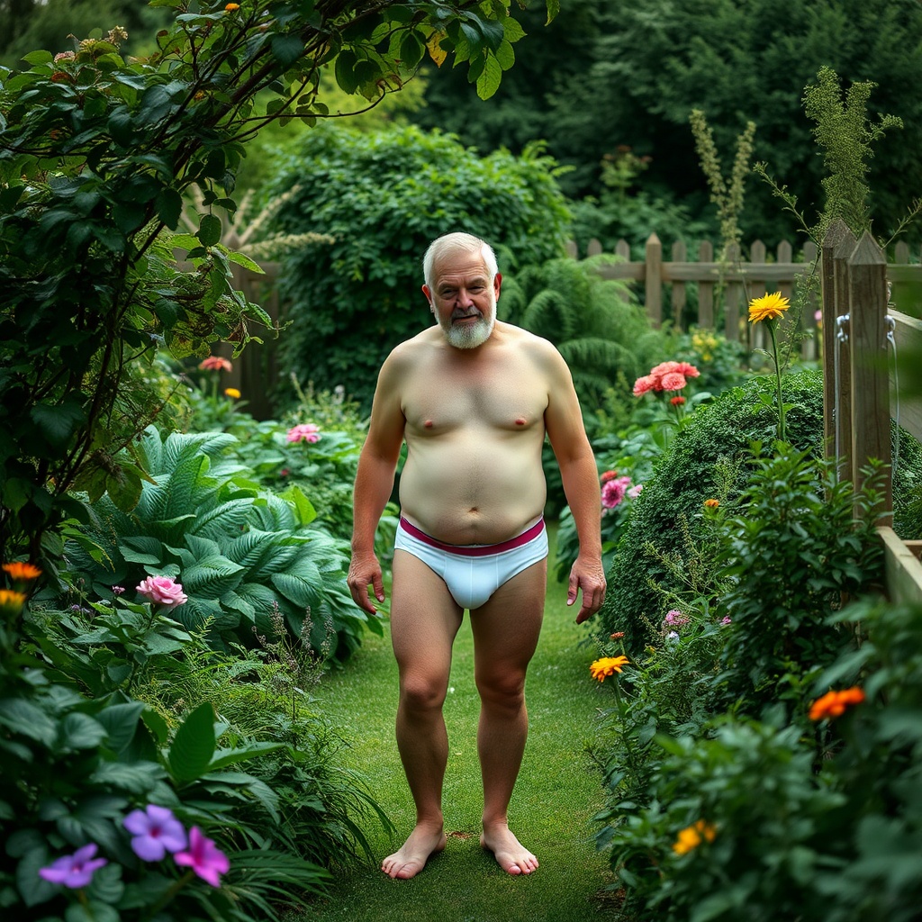 AI generated image by FLUX.1-schnell: Greg Davies, English comedian, in his underpants in an overgrown garden