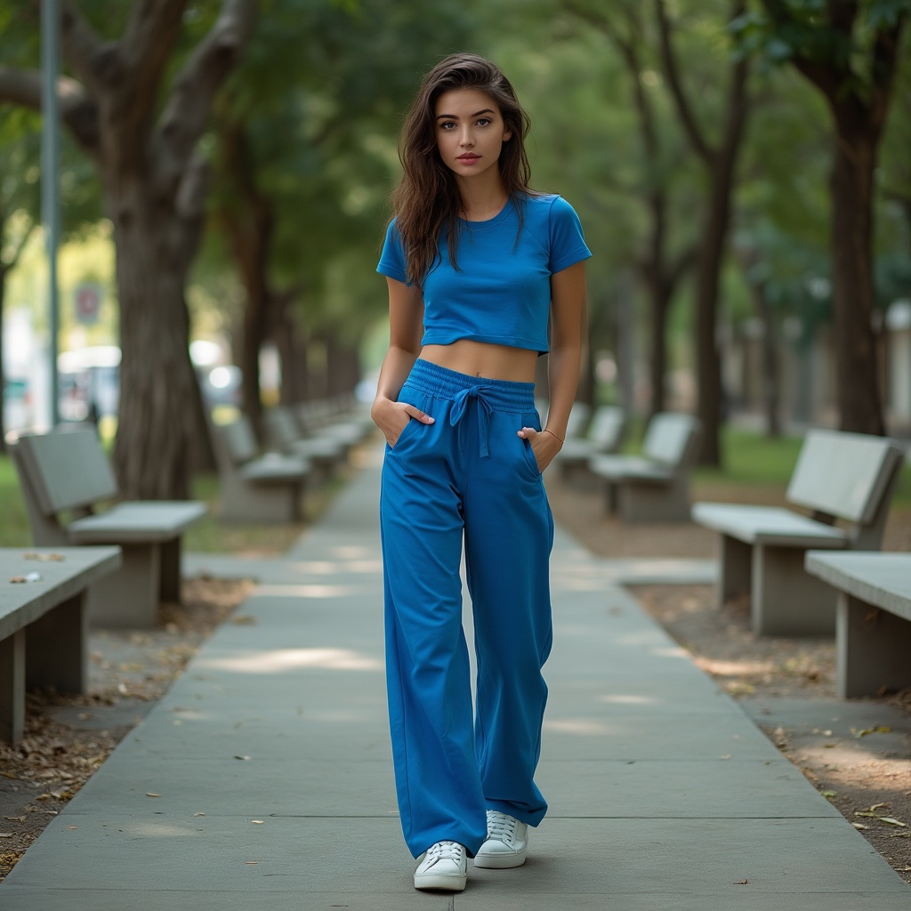 AI generated image by FLUX.1-pro: a full-length photo of a 22-year-old Brazilian woman, brunette, brown eyes, wearing street clothes, blue t-shirt and blue pants. Background of the image a park with cement floor and cement benches. wide angle, professional lighting, Low Camera Angle, fashion editorial photography style, by vogue