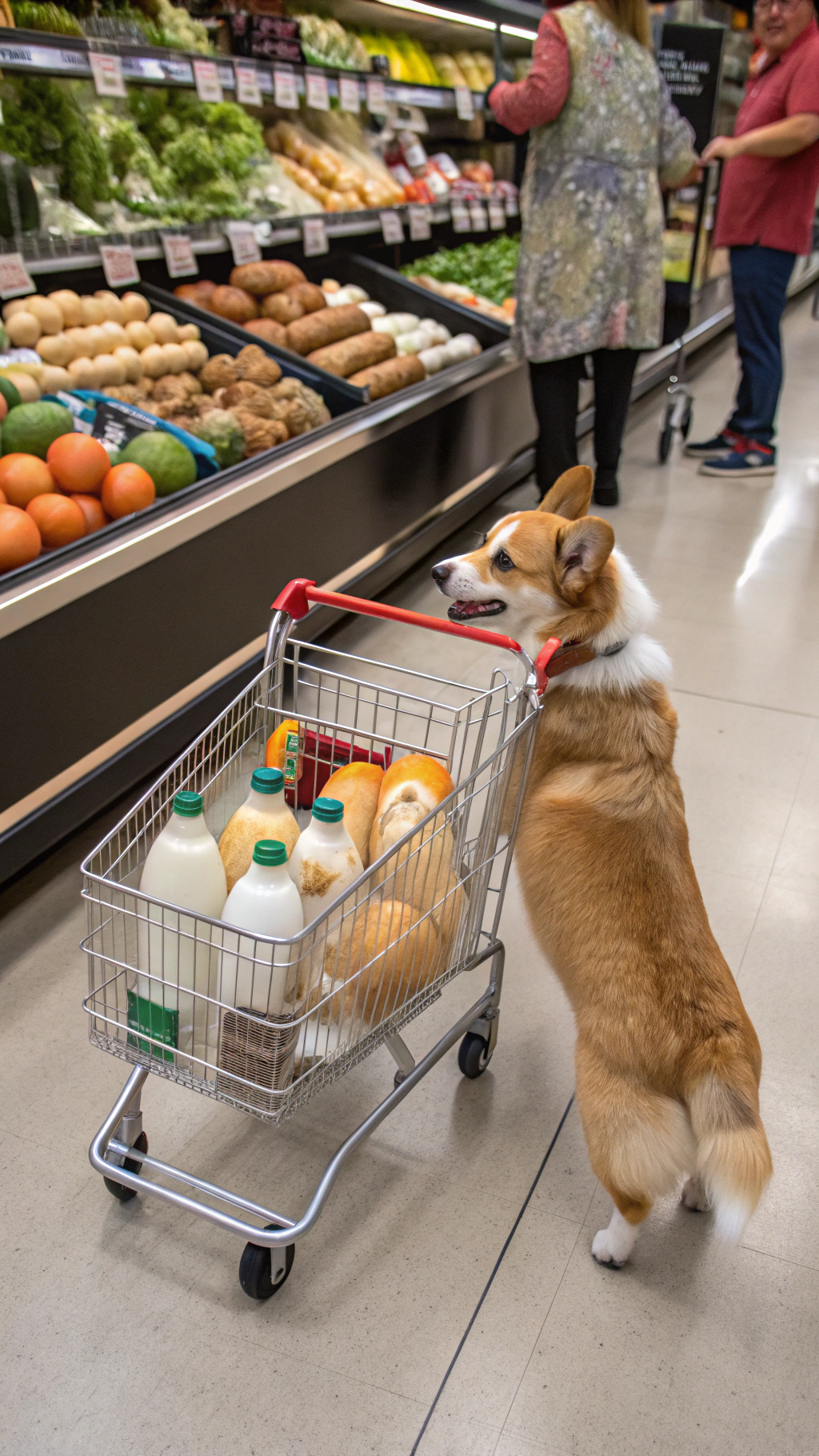 AI generated image by Red Panda AI: anthropomorphic standing naked corgi pushing a miniature shopping cart filled with milk and bread. There are a mix of dogs shopping in the background. Produce aisle of an american grocery store.