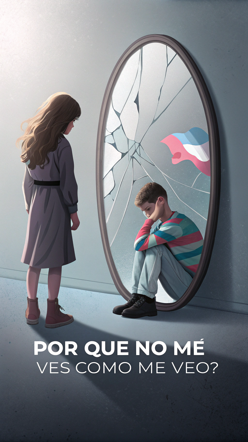 AI generated image by Red Panda AI: A Corporate Memphis style poster with a soft grayish background. In the center, a large, cracked mirror with irregular fractures. In front of the mirror, a boy with a sad expression and stooped posture looks at himself. However, the reflection in the mirror shows a girl with soft features, flowing hair and a dress in the colors of the trans flag. The lighting is subtle, with shadows. At the bottom, the phrase '¿Por qué no me ves como me veo?' appears in bold, modern typography.