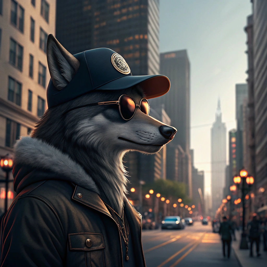 AI generated image by Red Panda AI: Wolf character with sunglasses and a baseball cap in the city 
