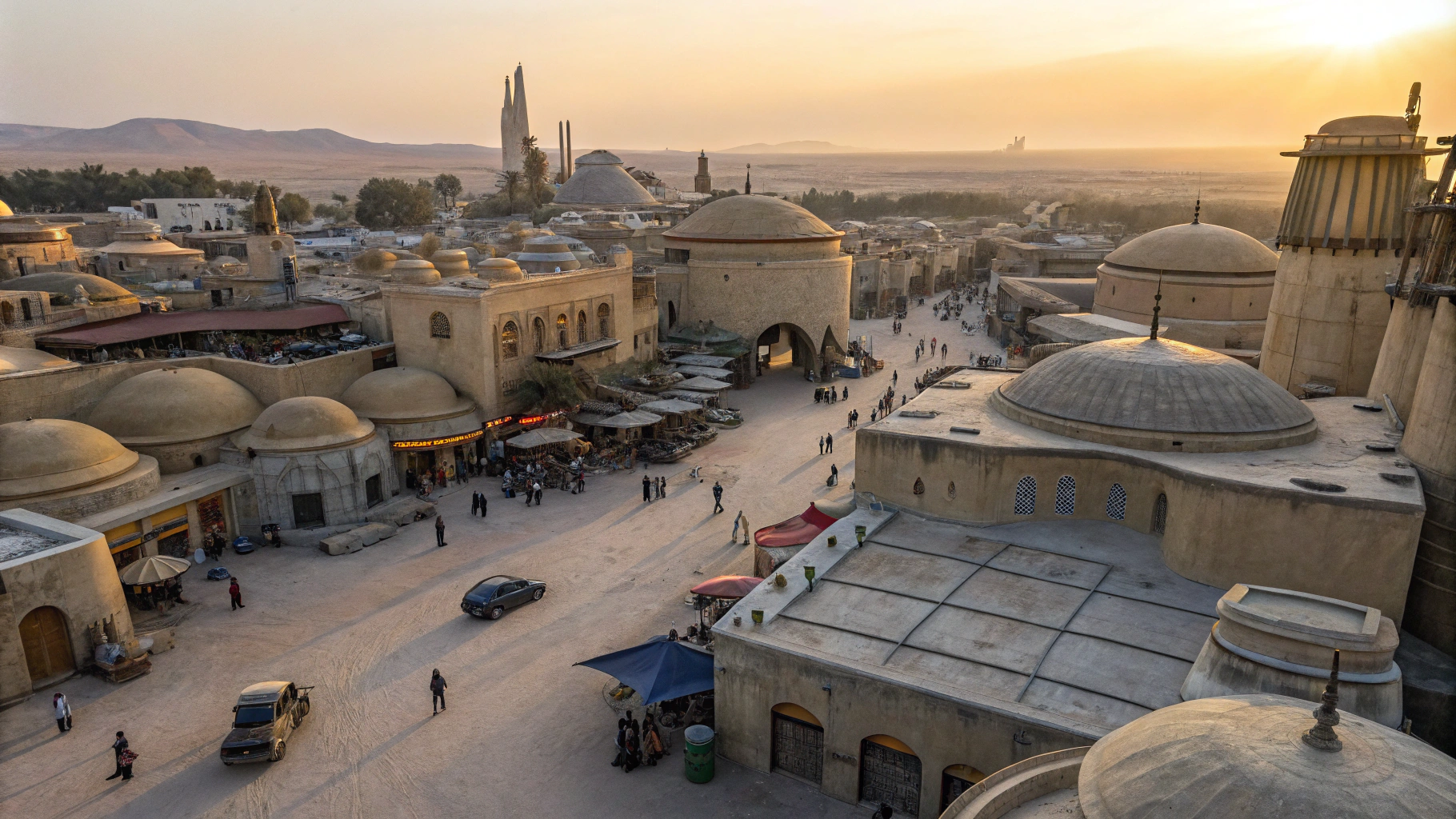 AI generated image by Red Panda AI: Top down view, Star Wars cinematic style, Mos Eisley Spaceport, dawn, desert large city of stucco rounded adobe style buildings, 