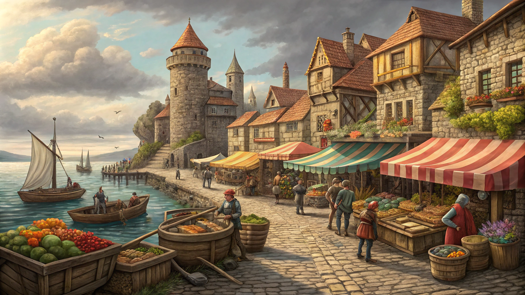 AI generated image by FLUX.1-schnell: Medieval town near the sea with a colored market