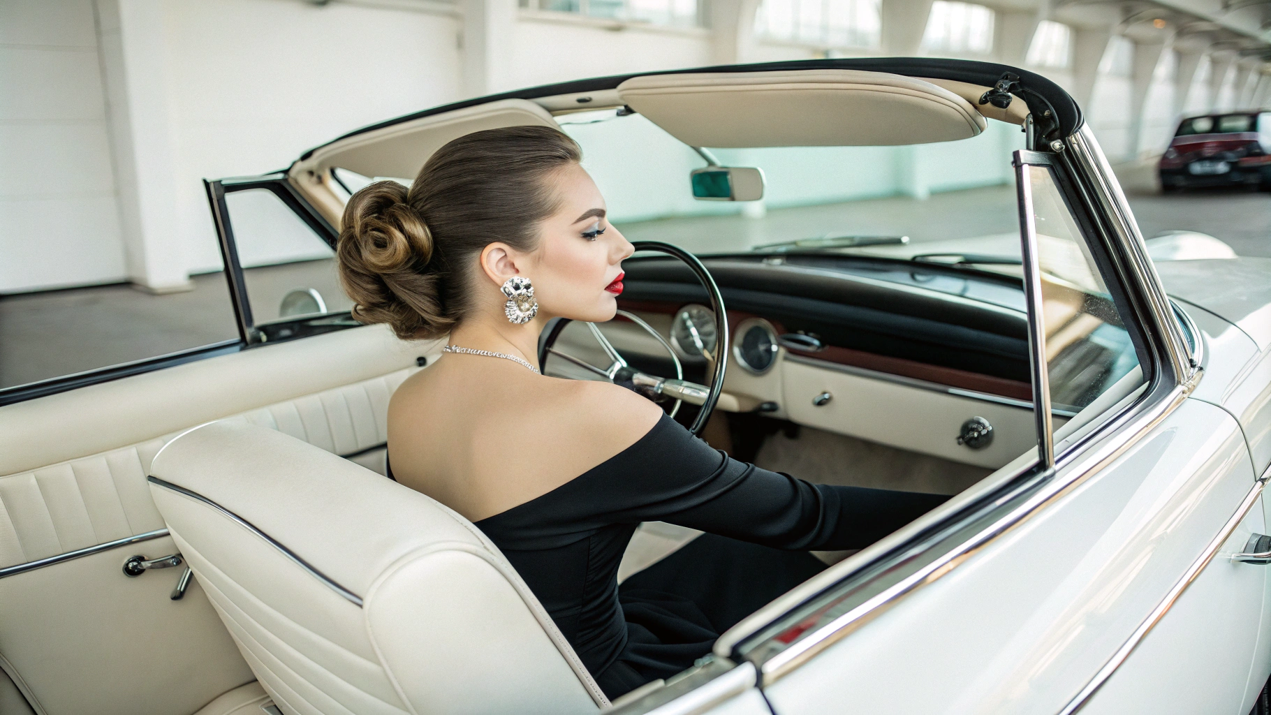 AI generated image by Red Panda AI: Well-lit garage. Elegant very tiny woman 30 short torso, short legs.. Pale complexion. Long brown hair in bun. Lipstick eye makeup. Glittery silver dangling earrings. Off-shoulder black tight-fitting minidress 3/4 sleeves hemmed at mid-thigh. Satin black ultra high-heel platform mules with silver flower on vamp. Sitting in driver’s seat with legs under steering wheel both hands gripping steering wheel. feet on floorboard of black 1948 Chevrolet convertible with top down white carpet white leather seats. Both doors open. Camera positioned behind woman's left shoulder aimed at feet  and pedals.