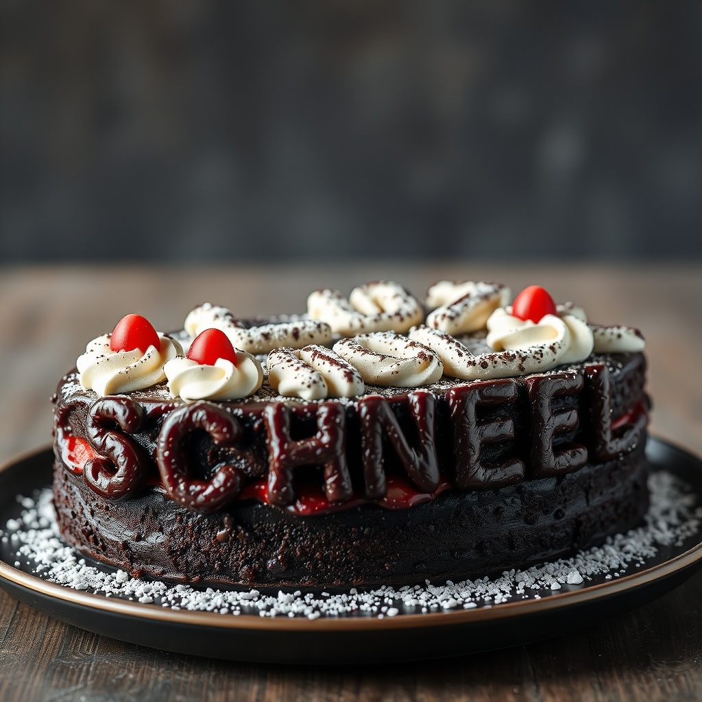 AI generated image by FLUX.1-schnell: black forest gateau cake spelling out the words "FLUX SCHNELL", tasty, food photography, dynamic shot