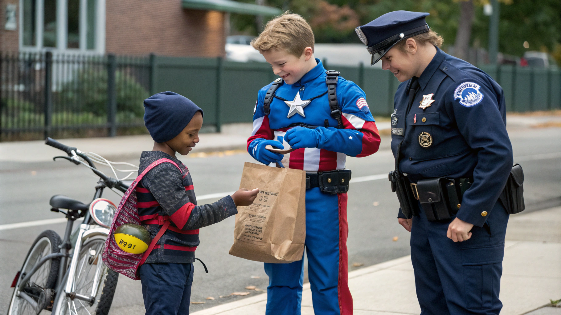 AI generated image by Red Panda AI: Cinematic realism. Long shot of three  10 year old White kids, First kid wearing a Captain America costume, 2nd one wearing a cop costume, 3rd kid wearing a Nazi general costume and they take a bag of candy from a 7 year old black kid wearing regular clothes standing next to bicycle. One kid is writing a speeding ticket and the other two are confiscating big bags of candy. 35mm camera