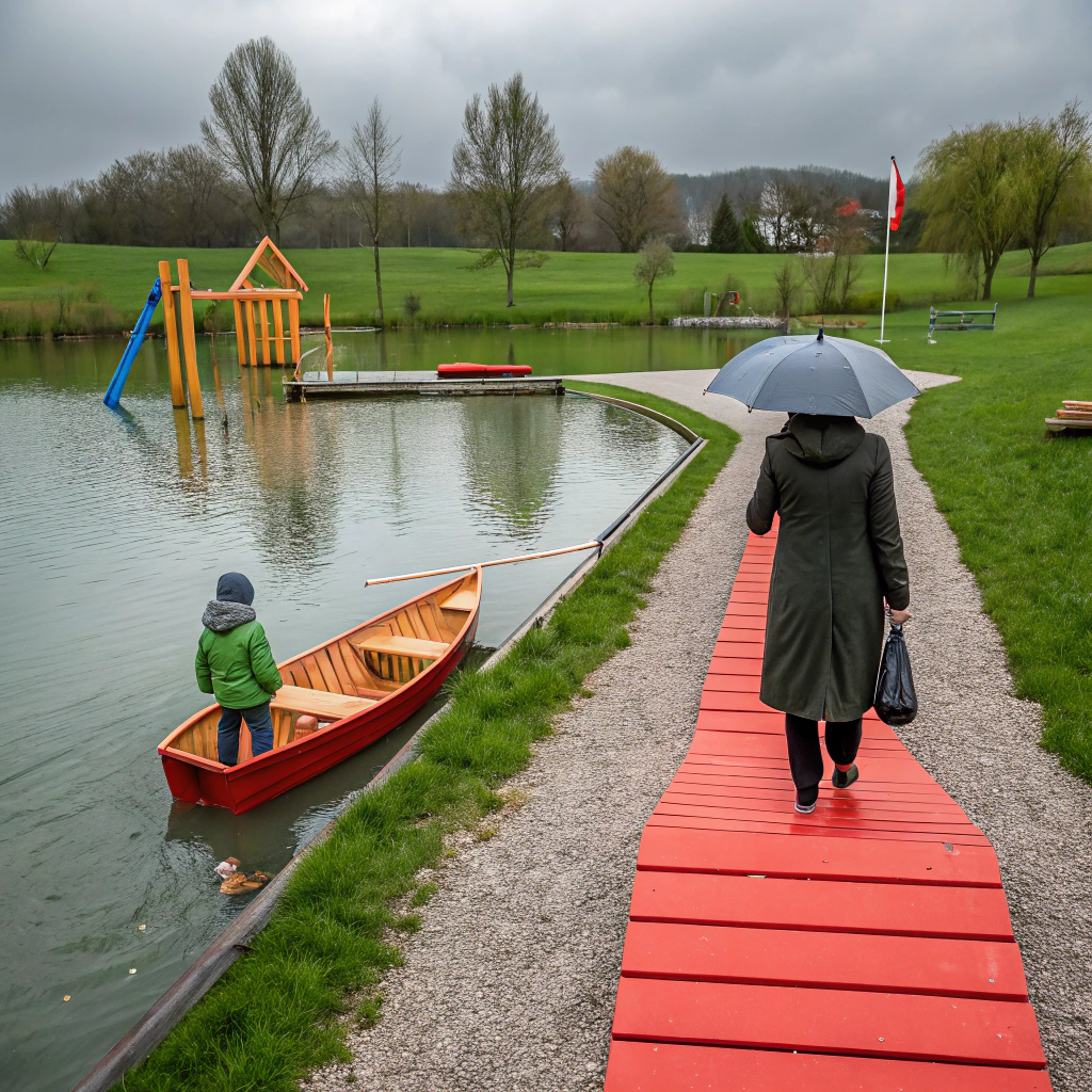 AI generated image by Red Panda AI: Génère une image adaptée à des élèves de cycle 3.
Au centre de la photo il y a un étang traversé par un ponton rouge. Sur le ponton, un petit garçon en parka verte et tenant un parapluie se promène avec sa maman. Elle porte un chapeau gris et un long manteau noir. Sur l'étang, il y a une barque en bois avec un papa et sa fille à l'intérieur. Autour de l'étang il y a une belle pelouse verte.
A droite de l'étang se trouve un parc pour enfant entouré de barrières en bois. Il y a un grand toboggan orange, et deux balançoires sur lesquelles jouent des enfants. 
A gauche de l'étang il y a un chemin en gravier sur lequel se promène un couple. Ils portent tous les deux une parka bleue.
Le ciel est gris et nuageux.