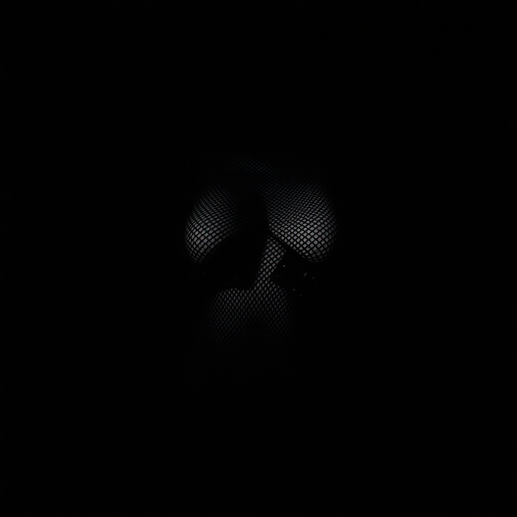 AI generated image by FLUX.1-schnell: A gritty, realistic photograph of a woman's body obscured by deep shadows against a dark wall. She is wearing a mesh bodysuit and heavy leather cuffs. Only the silhouette of the straps and the texture of the gear are visible due to extreme high-contrast lighting. No facial features are discernible in the dark. Film noir aesthetic, raw texture, candid style.