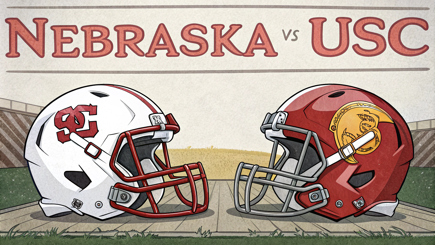 AI generated image by Red Panda AI: Nebraska football versus USC football, two helmets with Nebraska on the left, USC on the right.  In the style of a college football TV title screen, cartoon style