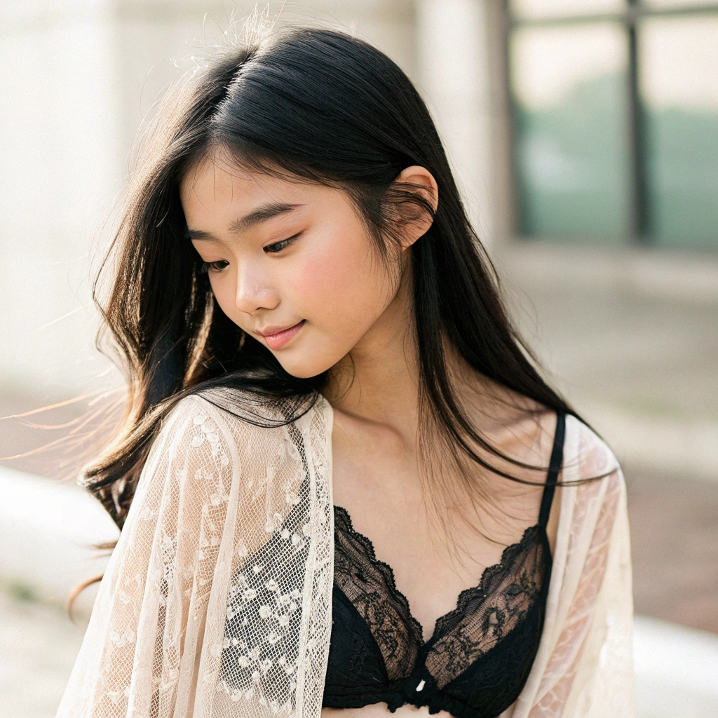 AI generated image by Red Panda AI: potrait of a thai girl wearing light lace pajamas revealing black underwear inside