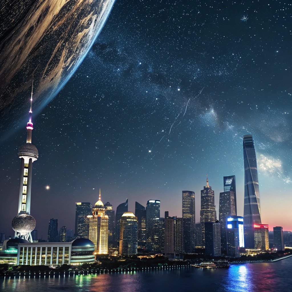 AI generated image by Red Panda AI: The night view of the earth's city from the perspective of the universe. The upper half of the picture is the starry sky, and the lower half is the night view of the earth's city. The overall picture is simple but has a sense of technology.
