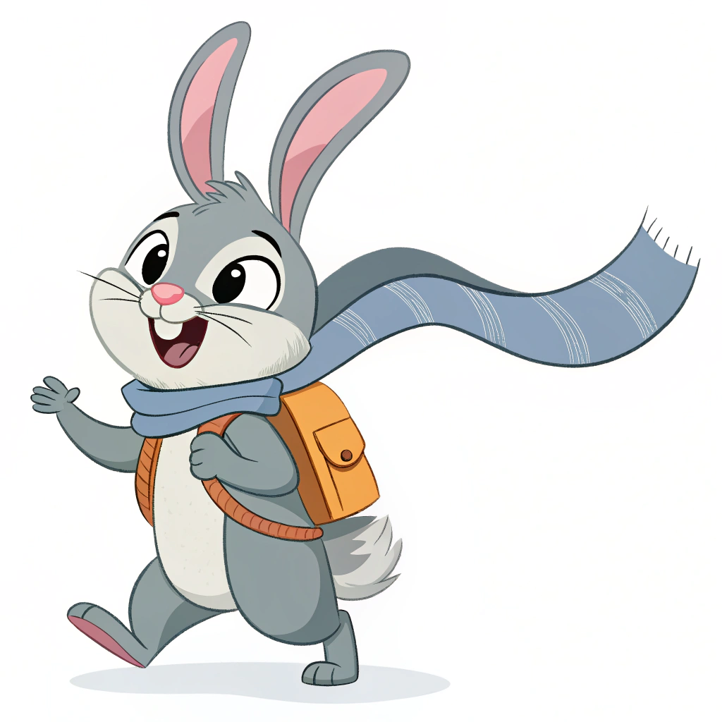 AI generated image by Red Panda AI: A sweet and happy rabbit with gray fur, black eyes, a backpack and a long gray scarf around his neck waving on the back. 
disney chanel or cartoon