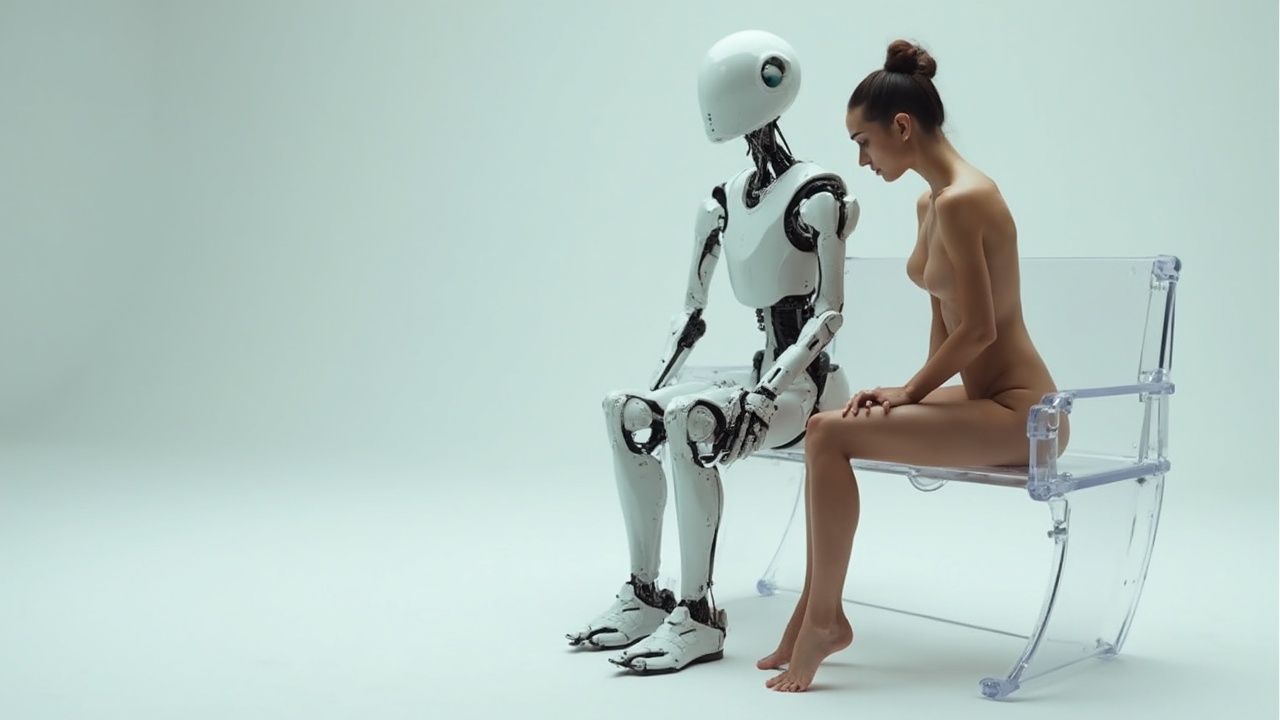 AI generated image by FLUX-Realism-Lora: Full-length naked woman sitting on a transparent plastic bench with a robot next to her.
