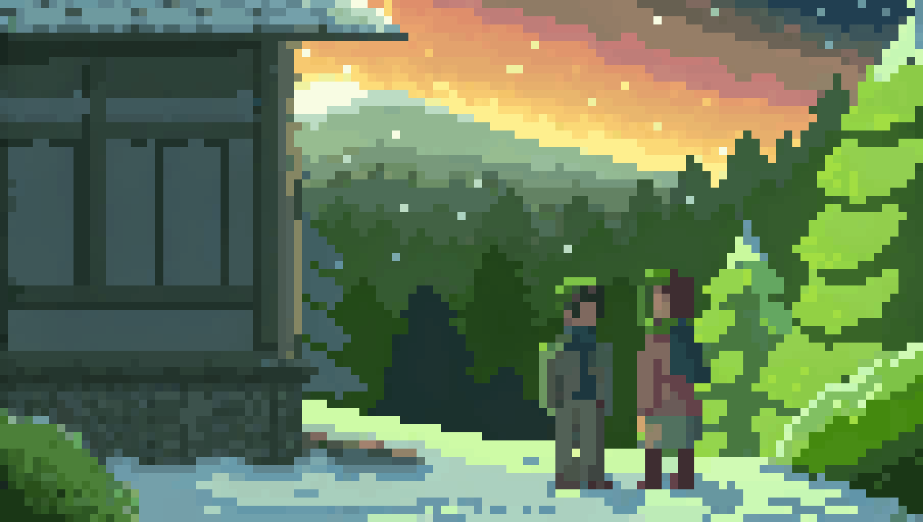AI generated image by Red Panda AI: imagen de una pareja de un chico y una chica afuera de su casa en una montaña, donde hay nieve y el sol se esta escondiendo, atardecer naranja con enfasis del frio y nostalgia