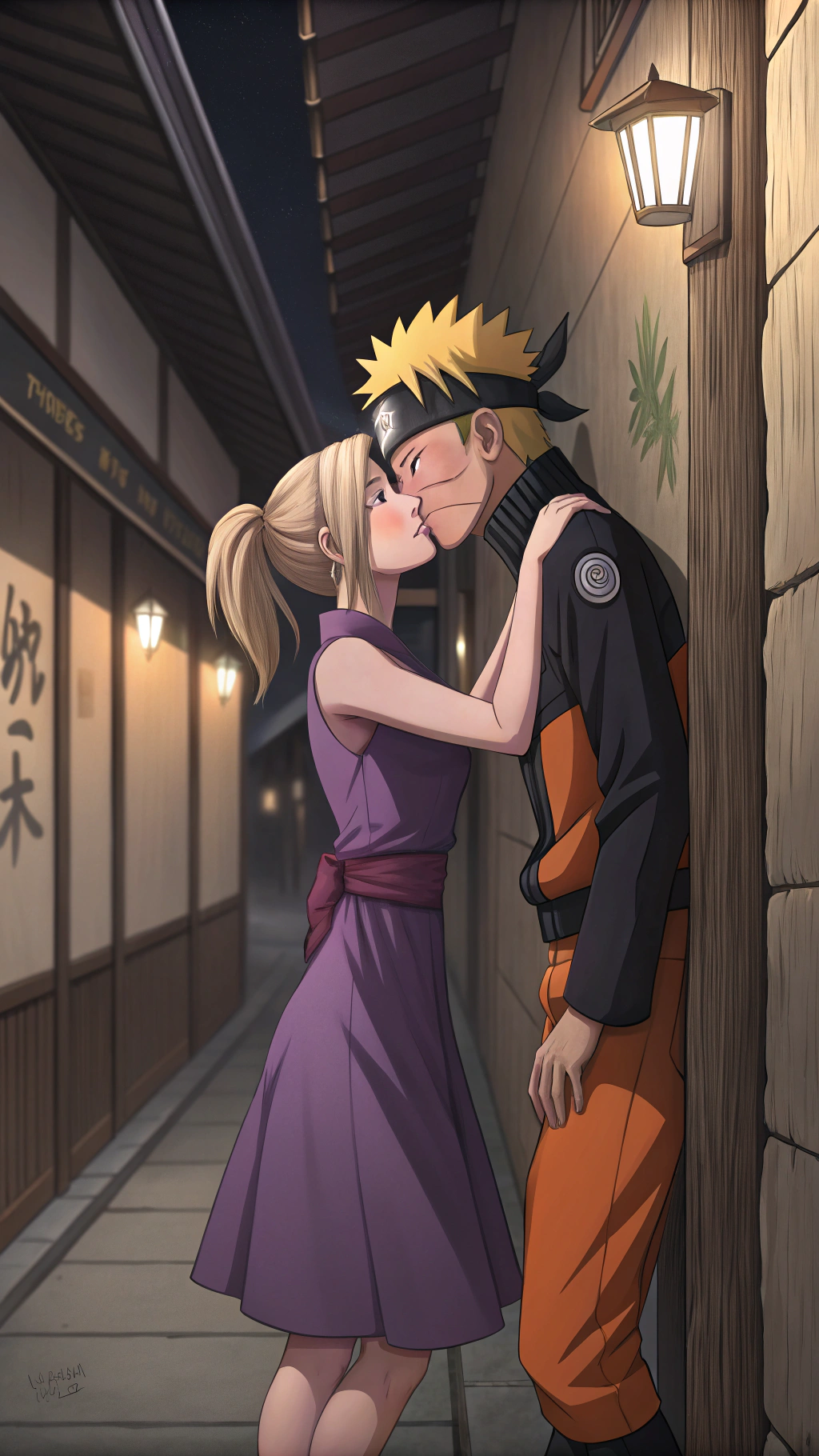 AI generated image by Red Panda AI: A scene from an anime where a sly Ino yamanaka wearing a purple dress is passionately kissing naruto against a wall