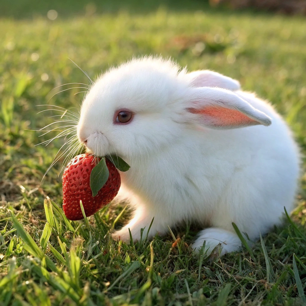 AI generated image by Red Panda AI: "An extremely adorable tiny baby bunny with pure white fluffy fur, oversized floppy ears, and big sparkly eyes, sitting on soft grass while carefully eating a large red strawberry that's almost as big as its head. The bunny has the sweetest round face, pink button nose, tiny paws, and extra fluffy cheeks. Its expression is innocent and gentle, with long delicate eyelashes. The bunny's fur is exceptionally soft and downy, like cotton candy, with little tufts that gently move in the breeze. Natural sunlight creates a soft, warm glow around its silhouette, highlighting its pure white fur. The tiny bunny occasionally wiggles its little nose and twitches its whiskers while taking small bites of the strawberry. Cinematic 8K quality, shot with shallow depth of field to create dreamy bokeh effect, super detailed fur rendering. The scene has a heartwarming, innocent quality that emphasizes the bunny's utterly adorable nature."