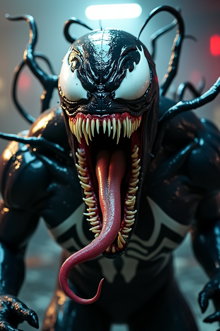 AI generated image by FLUX.1-pro: 
Ultra Realistic image of selected colours of a dark, monstrous creature of Venom from marvel with a menacing, wide-open mouth filled with sharp, jagged teeth, glistening with saliva. Its elongated tongue extends outward, coiled with a sinister curve. The creature’s skin is a glossy, black liquid-like texture, reflecting ambient light, with white patches forming large, angular eye shapes that radiate a menacing stare. Tendrils and gooey black appendages spread outward from its body, twisting and curling in dynamic, chaotic patterns. The background is dimly lit cinema hall with a smoky atmosphere. The overall tone is dark, intense, and ominous, with high contrast and hyper-realistic detail. There is highlighted word of "VENOM: IN CINEMA" as a big headline.
