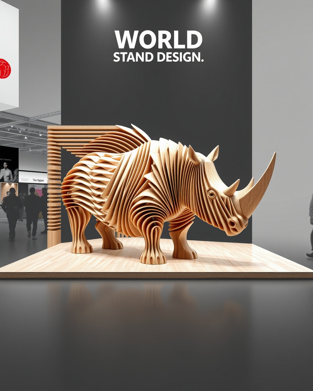 AI generated image by FLUX.1-schnell: Create a visually striking and captivating rendering for the "WORLD STAND DESIGN" exhibition booth. The design should prominently showcase the company’s logo at the top, ensuring it stands out and draws the eye of attendees. 

For the booth's aesthetic, draw inspiration from an abstract 2D representation of a rhinoceros. This will be achieved through the innovative use of wooden strips, each measuring 2 cm in thickness, arranged artistically to evoke the qualities and silhouette of the rhinoceros. The strategic placement and layering of these wooden elements will not only highlight the unique theme but also create a dynamic visual experience that engages and intrigues visitors, embodying the essence of nature and design.