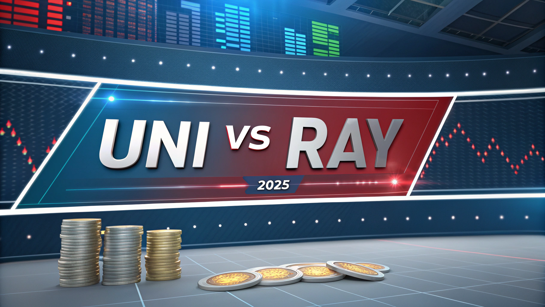 AI generated image by Red Panda AI: Futuristic banner for a blogpost, with not too simple colors and elements like financial, in a light sci-fi design and financial style. Big title "UNI vs RAY" and small subtitle "2025"