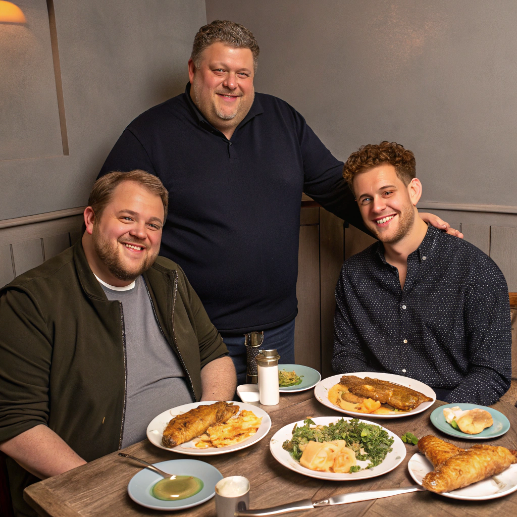 AI generated image by Red Panda AI: three man  eat fishmeal dinner ,one man tall and fat ,one men tall and handsome,