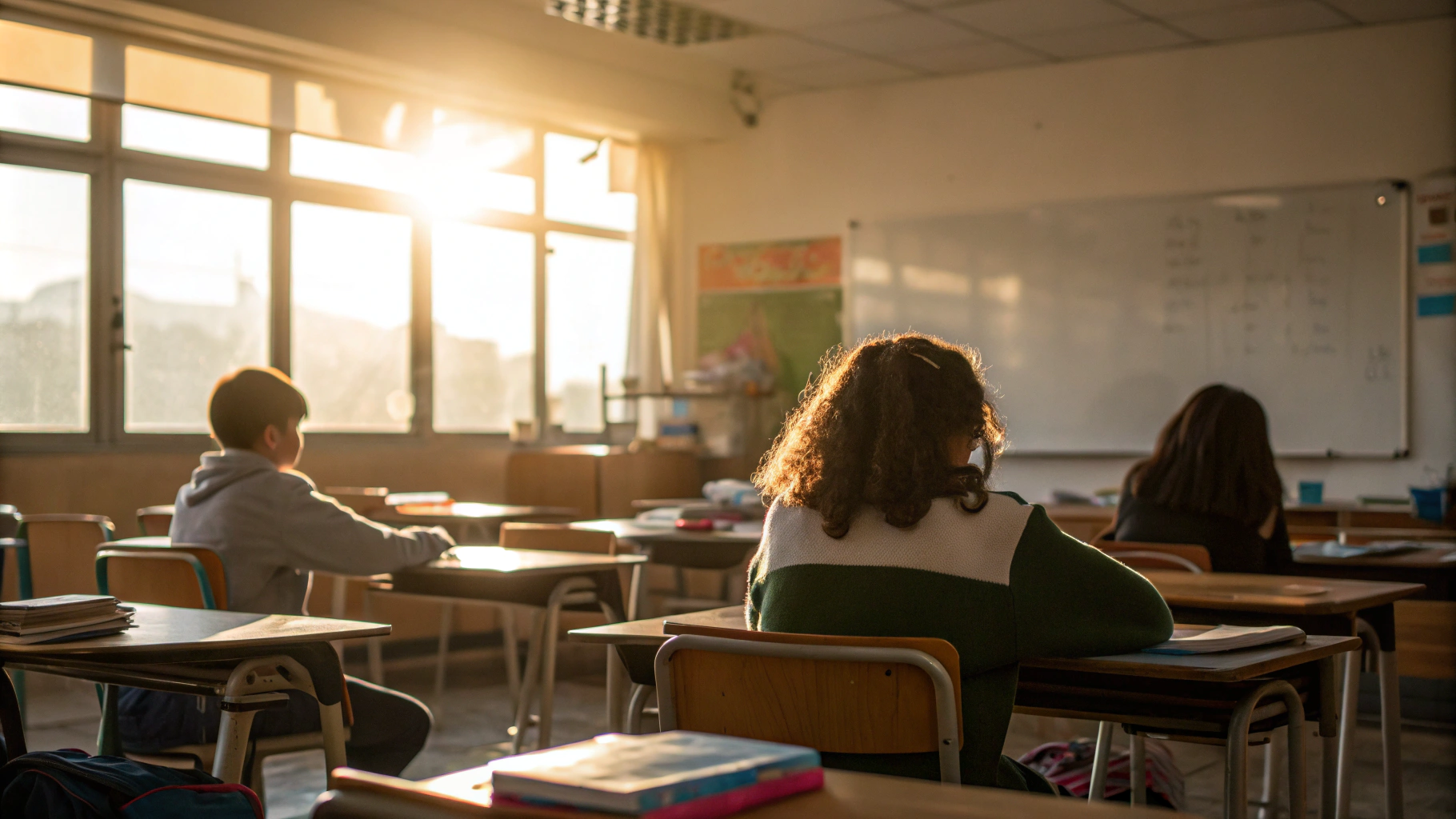 AI generated image by Red Panda AI: A stock photo showing a classroom from behind the students - chairs and desks facing a whiteboard or chalkboard, shot in warm morning light coming through windows. The learning environment itself.