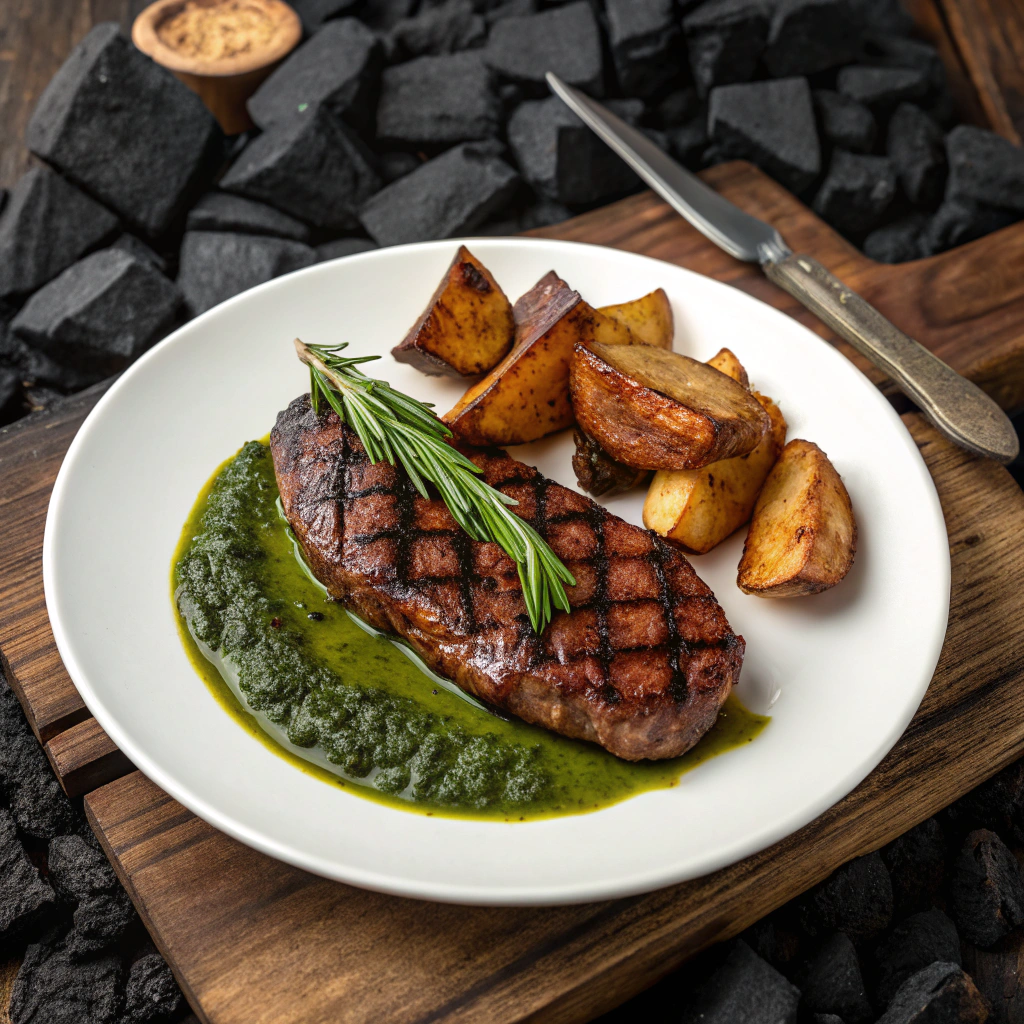 AI generated image by Red Panda AI: Bife de chorizo cocido con marcas de parrilla sobre una salsa verde, unos gajos de  papas al horno y una ramita de romero, todo sobre un plato blanco, el plato sobre una tabla de madera , sobre la tabla unos trozos de carbon y apoyado un cuchillo artesanal