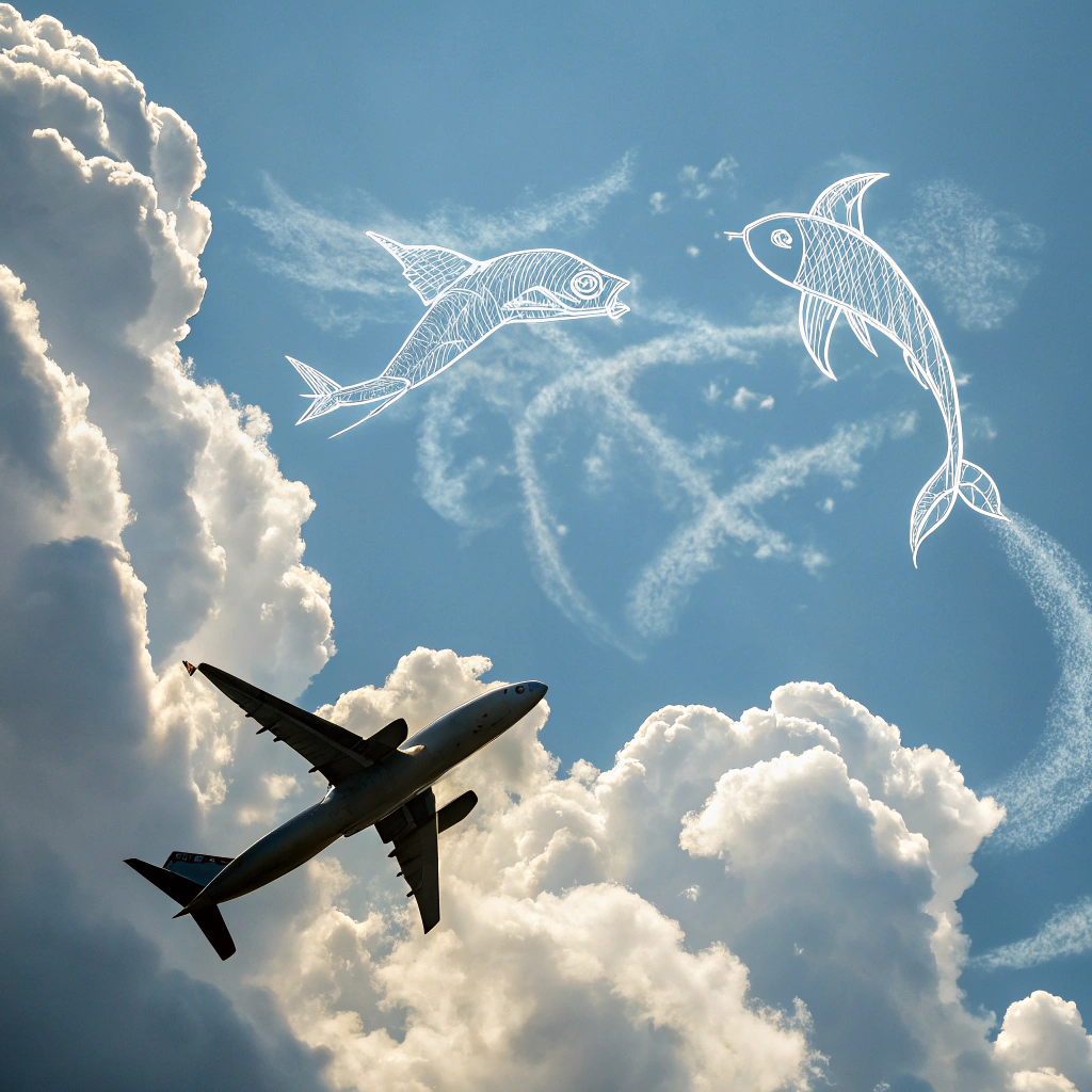 AI generated image by Red Panda AI: 飛機飛過，雲朵是雙魚座的圖案
