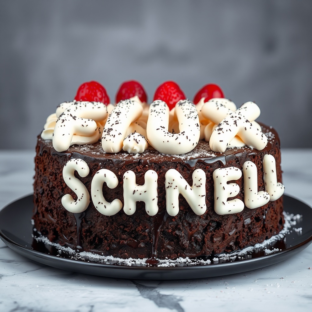 AI generated image by FLUX.1-schnell: black forest gateau cake spelling out the words "FLUX SCHNELL", tasty, food photography, dynamic shot